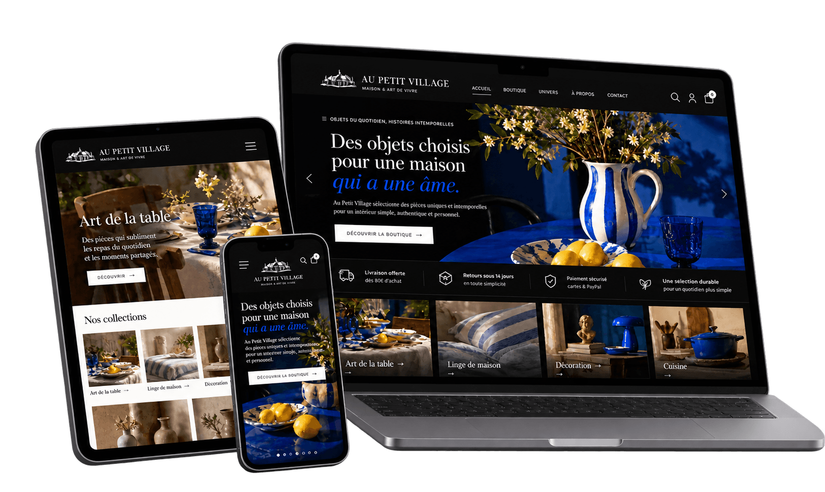 Au Petit Village storefront shown across a laptop, tablet and phone