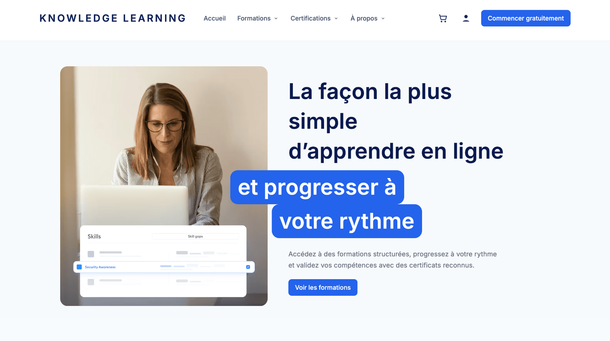 Knowledge Learning course catalogue with category filters and course cards