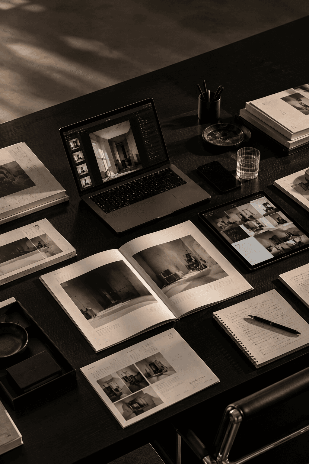Laptop and printed visual studies arranged across a dark worktable