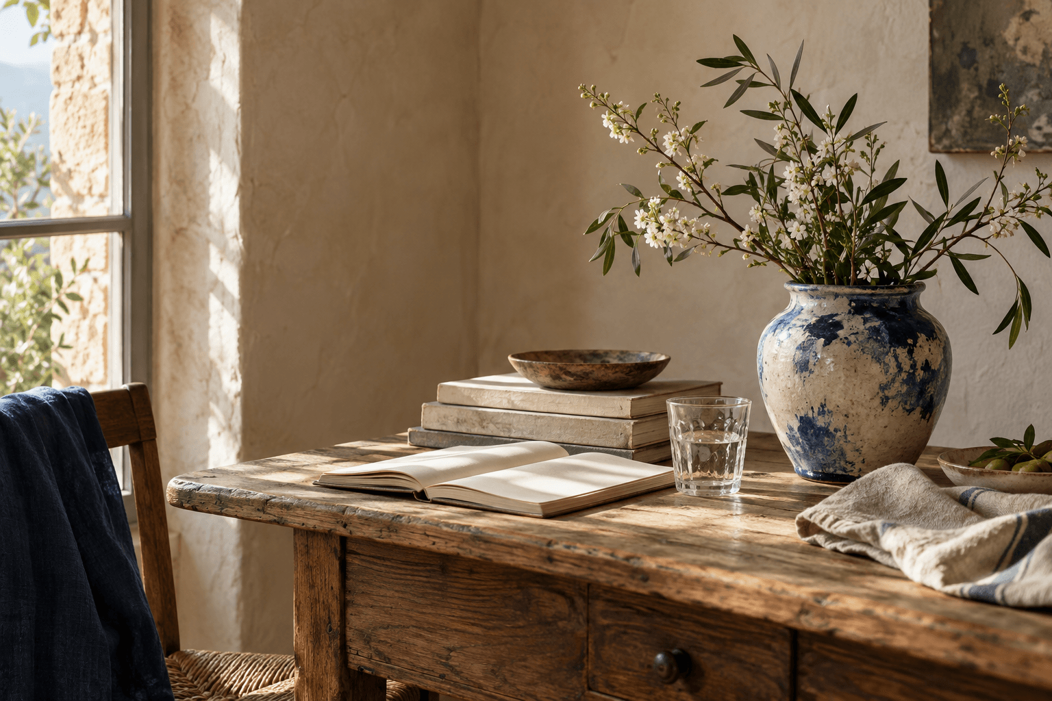 Blue-and-cream ceramic vase, open blank journal and linen on an oak table in afternoon light