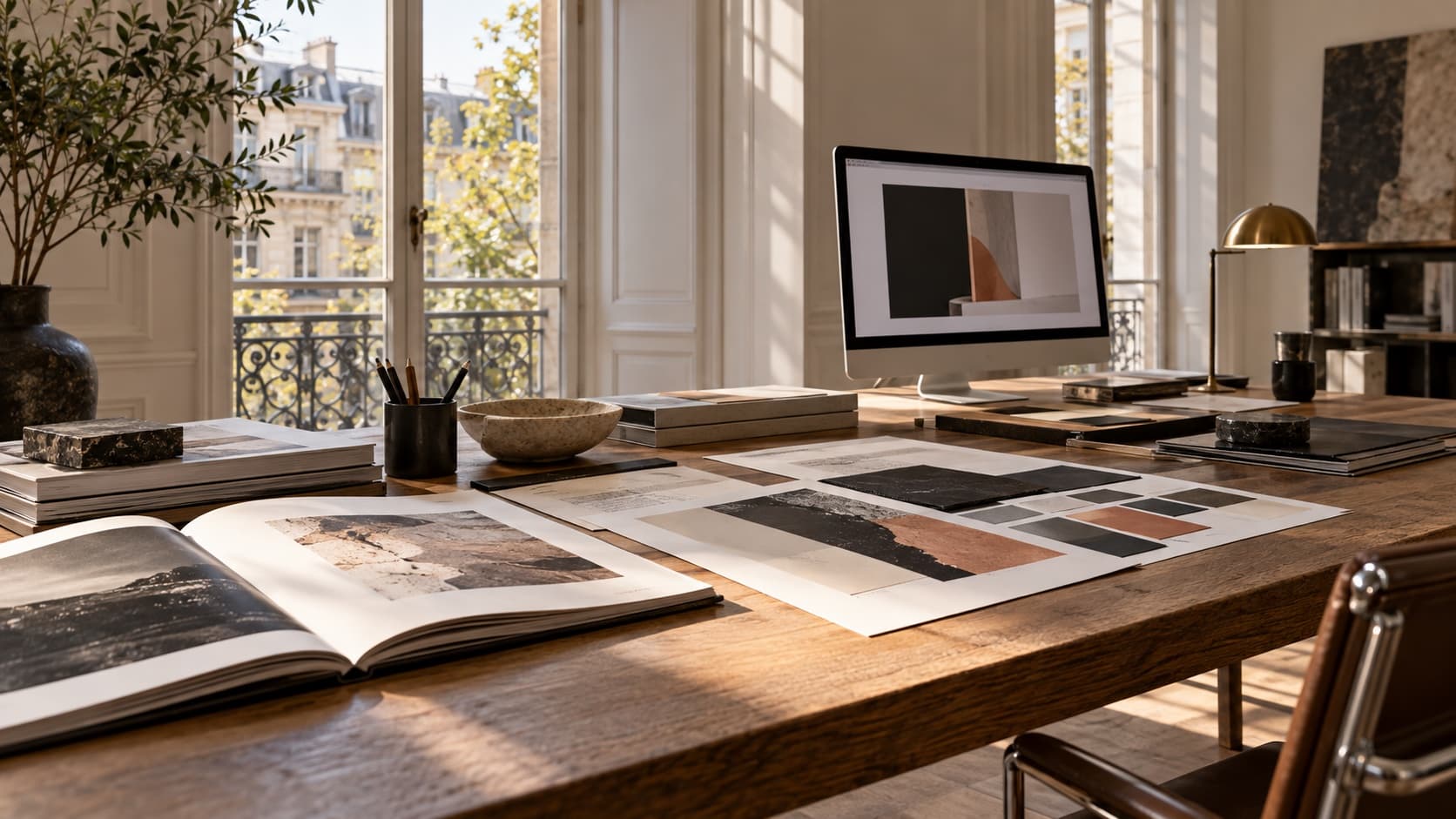 A sunlit design studio table with printed visual studies and material samples
